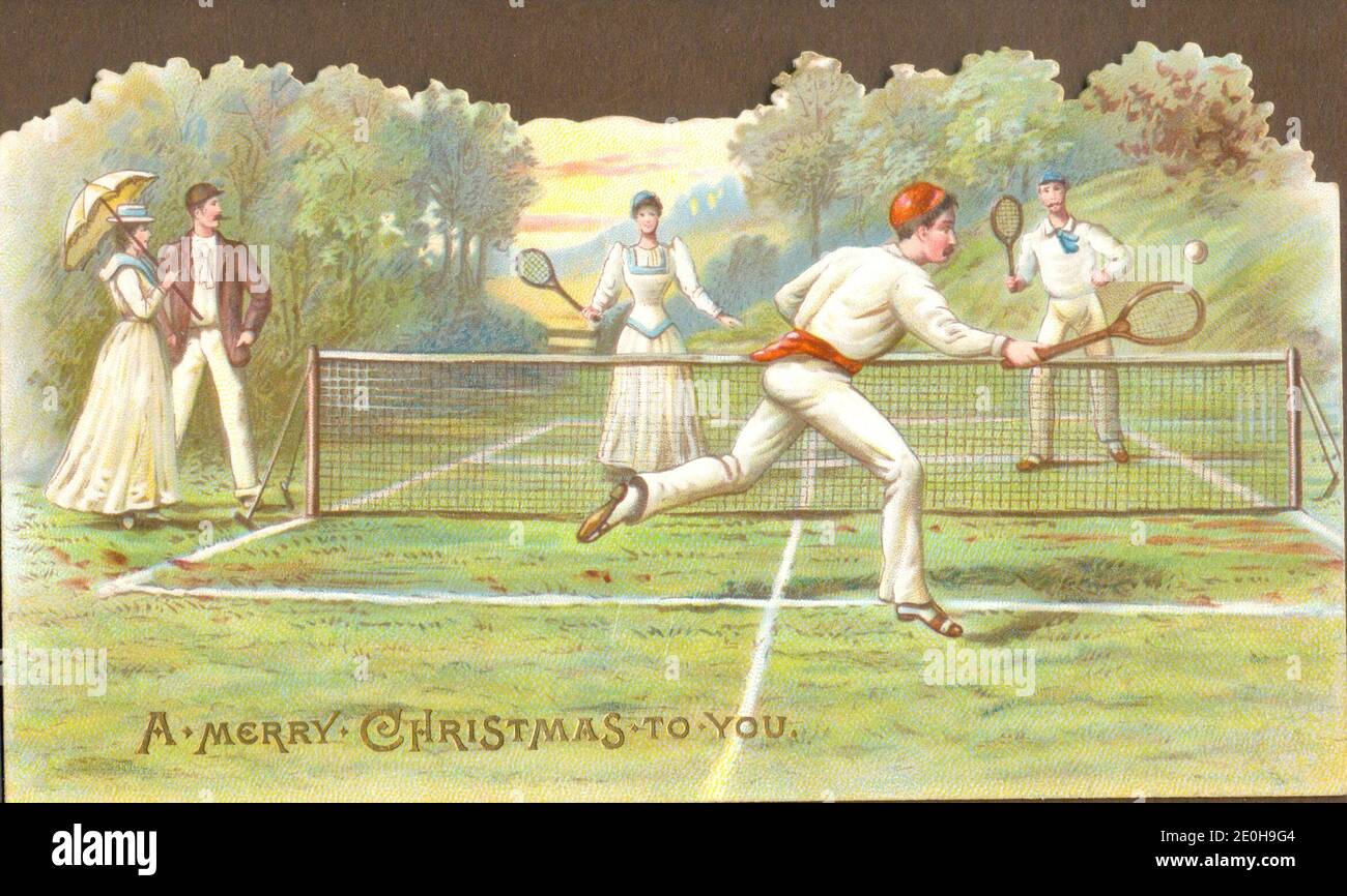 Gestanzte chromolithographierte Grußkarte eines gemischten Tennismatches mit zwei Zuschauern um 1885, herausgegeben von W Hagelberg, Berlin Stockfoto