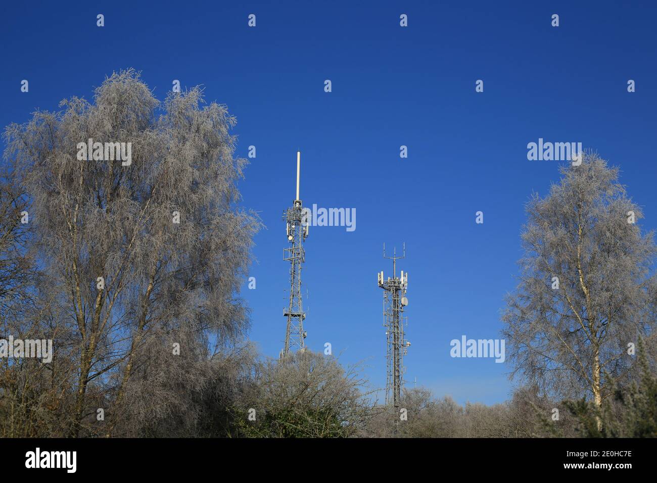 Kommunikationstürme auf der Burlish-Spitze, Stourport auf Severn, Worcestershire, England, Großbritannien. Stockfoto