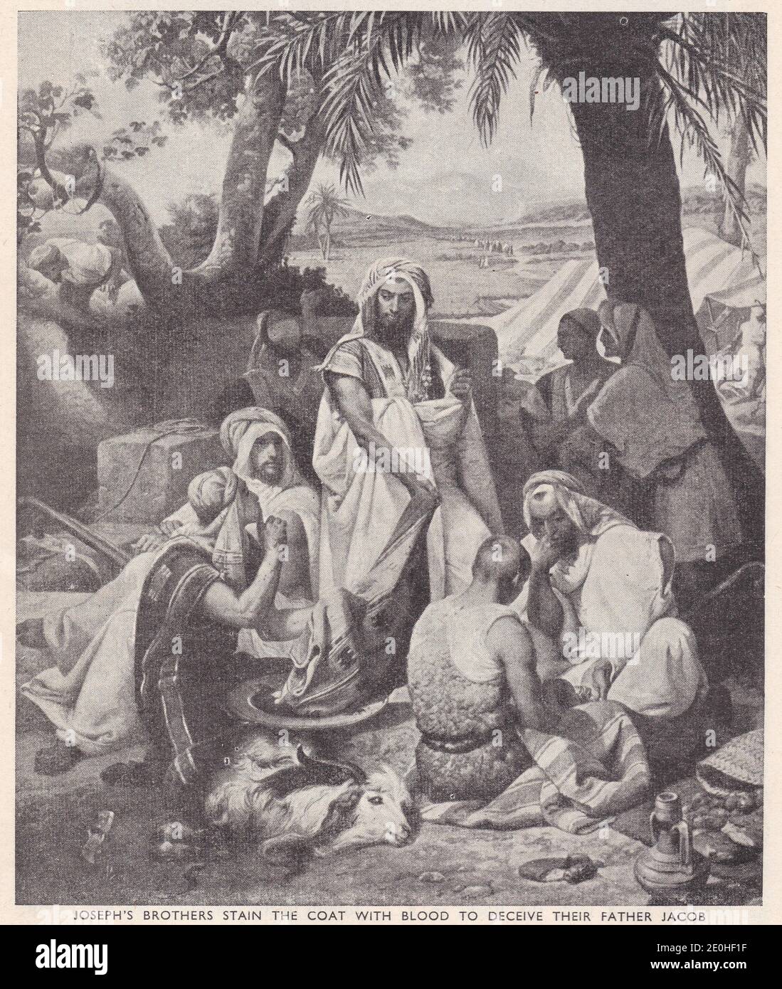Josephs Brüder beflecken den Mantel mit Blut, um ihren Vater Jakob zu täuschen. Stockfoto