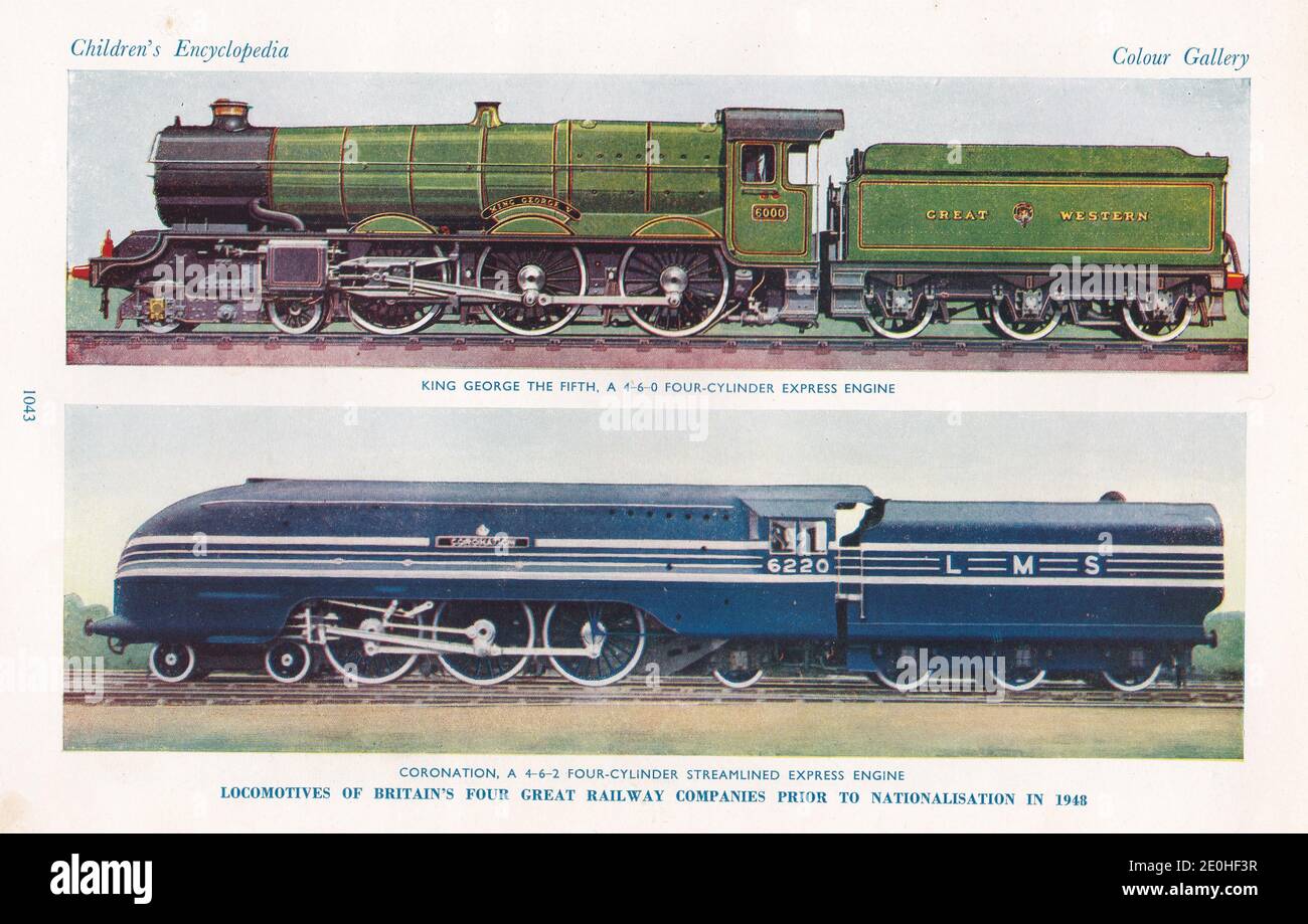 Motoren der britischen Eisenbahn - King George der Fünfte EIN 4-6-0 Vierzylinder-Express-Motor / Krönung EIN 4-6-2 Vierzylinder-StromlinienExpress. Stockfoto
