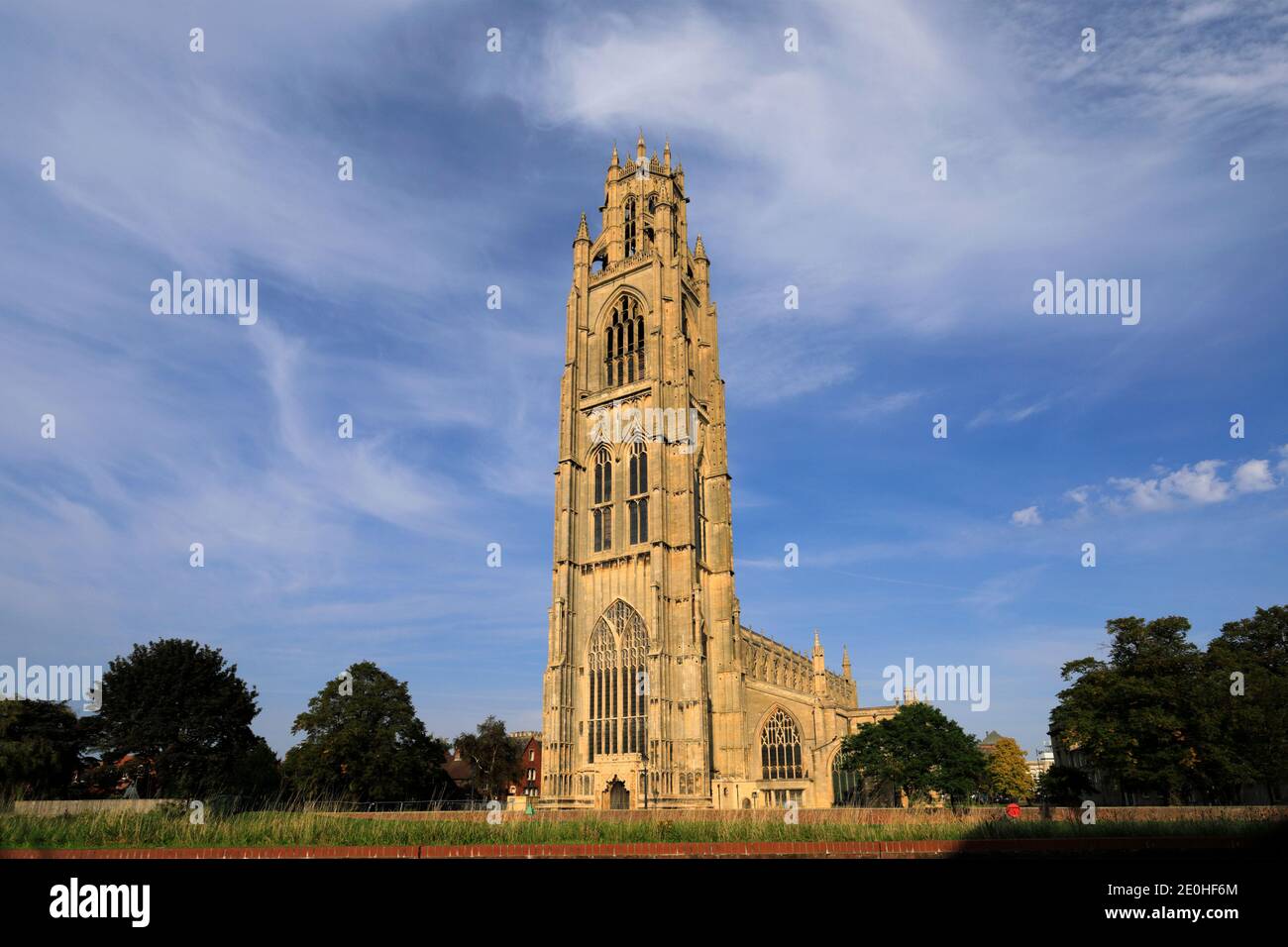 Herbstansicht der St. Botolphs Kirche, (Boston Stump), Fluss Witham, Boston Stadt, Lincolnshire County, England, Großbritannien Stockfoto
