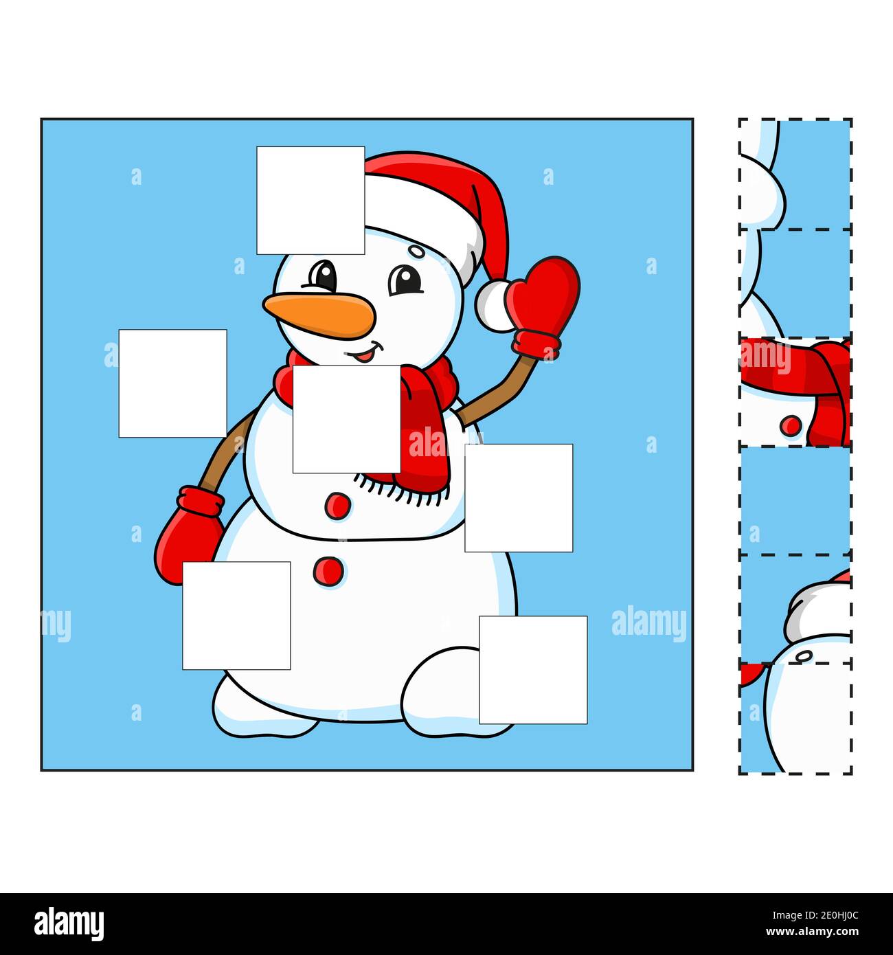 Puzzle-Spiel für Kinder. Ausschneiden und einfügen. Schneidverfahren. Lernformen. Arbeitsblatt zum Bildungswesen. Winterthema. Aktivitätsseite. Zeichentrickfigur. Stock Vektor