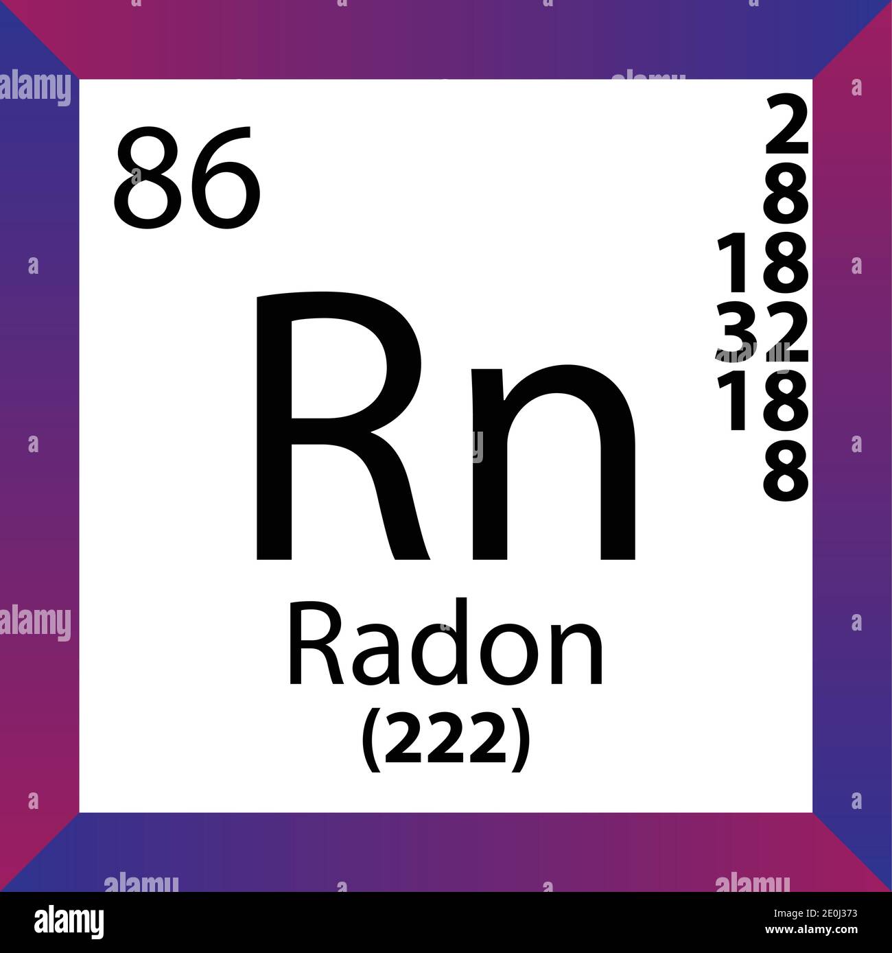 Rn Radon Periodensystem Für Chemische Elemente. Einzelvektordarstellung, buntes Symbol mit Molmasse, Elektronenkonf. Und Ordnungszahl. Stock Vektor