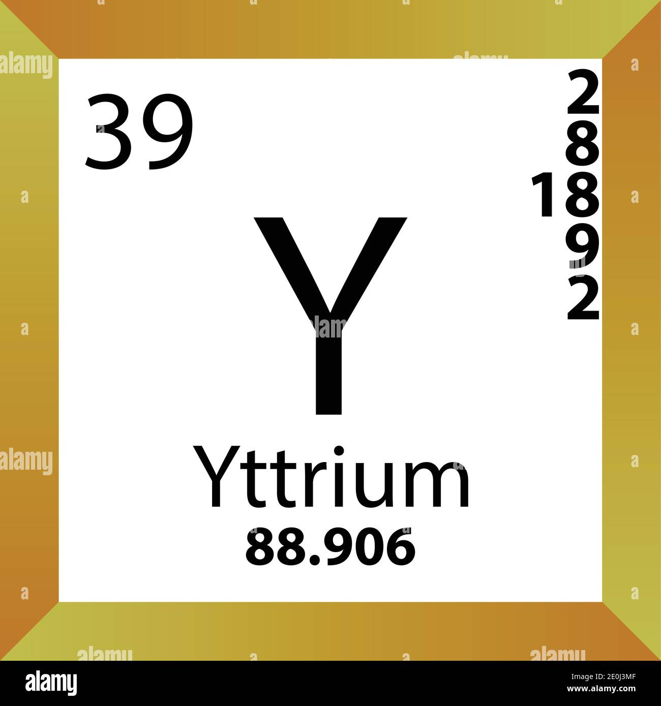 Y Yttrium Periodensystem für chemische Elemente. Einzelvektordarstellung, buntes Symbol mit Molmasse, Elektronenkonf. Und Ordnungszahl. Stock Vektor