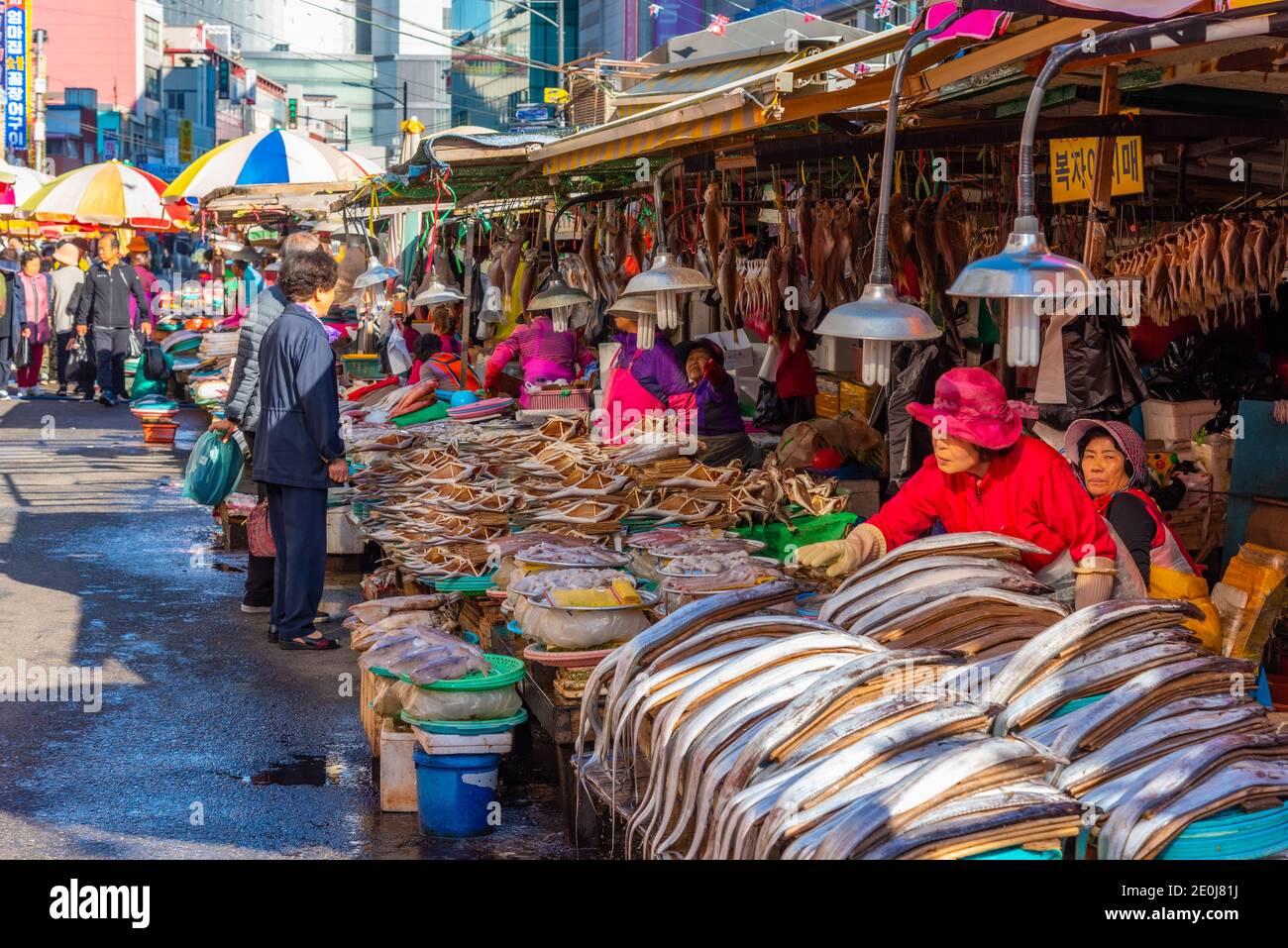 BUSAN, KOREA, 30. OKTOBER 2019: Auf dem Jagalchi-Fischmarkt in Busan, Republik Korea, kaufen die Menschen Meeresfrüchte Stockfoto