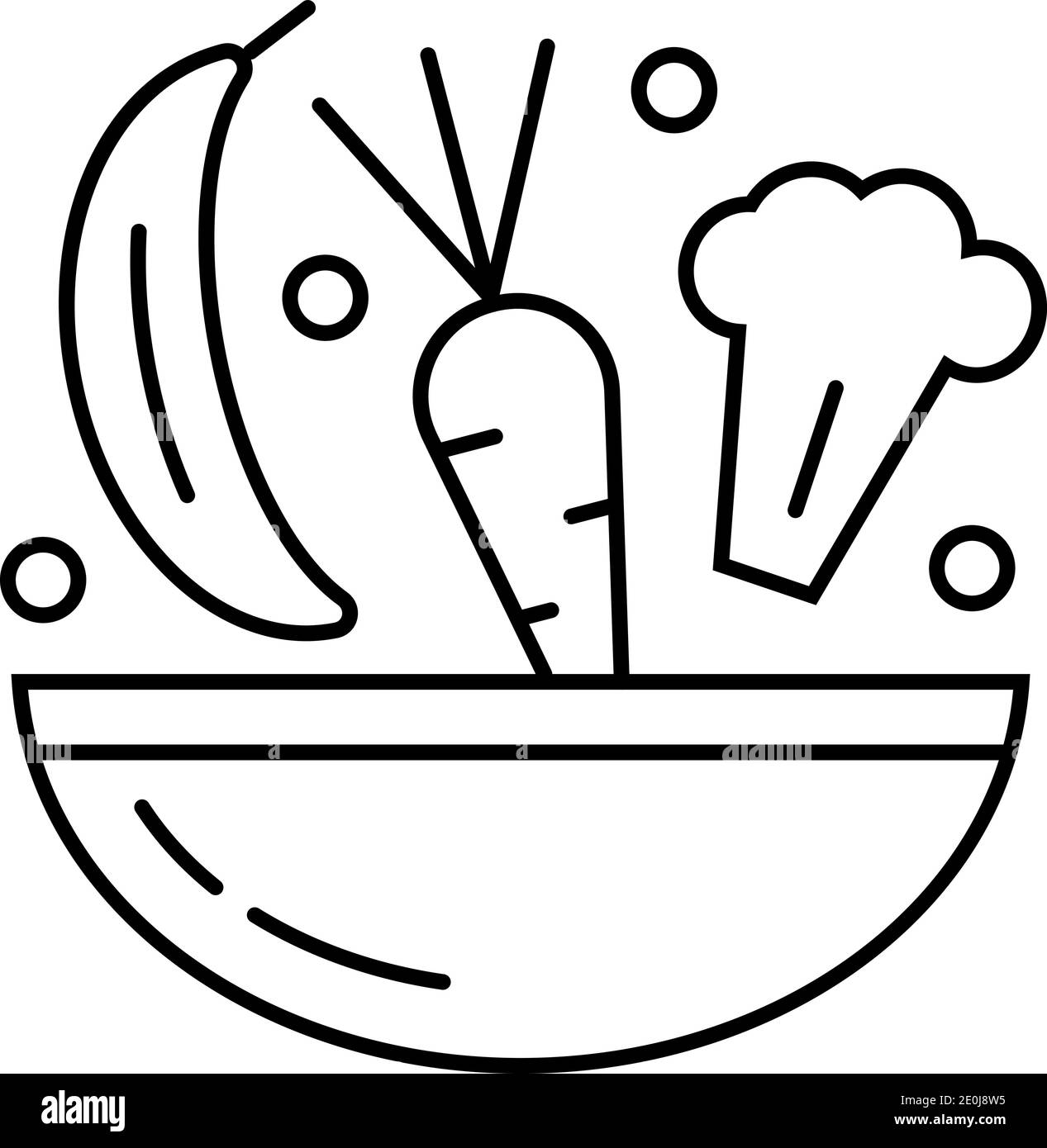 Gesundheit Diät-Symbol in Umriss-Stil. Karotte, Brokkoli, Banane, grüne Erbsen, Schüssel sind abgebildet. Stock Vektor
