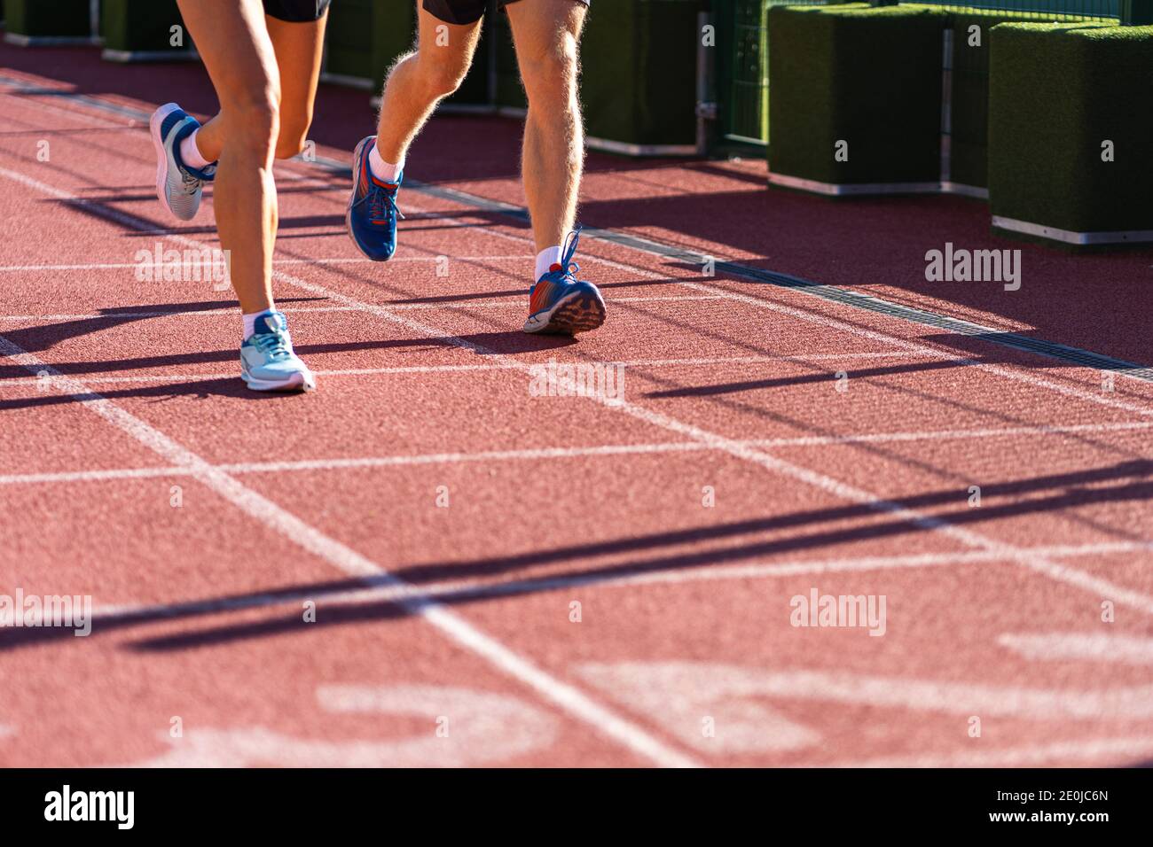 Läufer Beine Joggen auf einem Laufband Gummistadion an sonnigen Sommertag, Nahaufnahme von Laufschuhen. Sportliches Cardio-Training für Gewichtsverlust Erfolg. Stockfoto