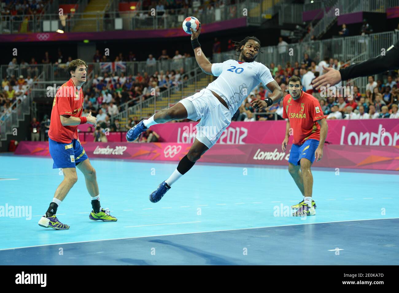 Frankreichs Cedric Sorhaindo während der Olympischen Spiele 2012 - Handball - Frankreich gegen Spanien - Viertelfinale in London, Großbritannien am 8. August 2012. Frankreich gewann 23-22. Foto von Gouhier-Guibbaud-JMP/ABACAPRESS.COM Stockfoto