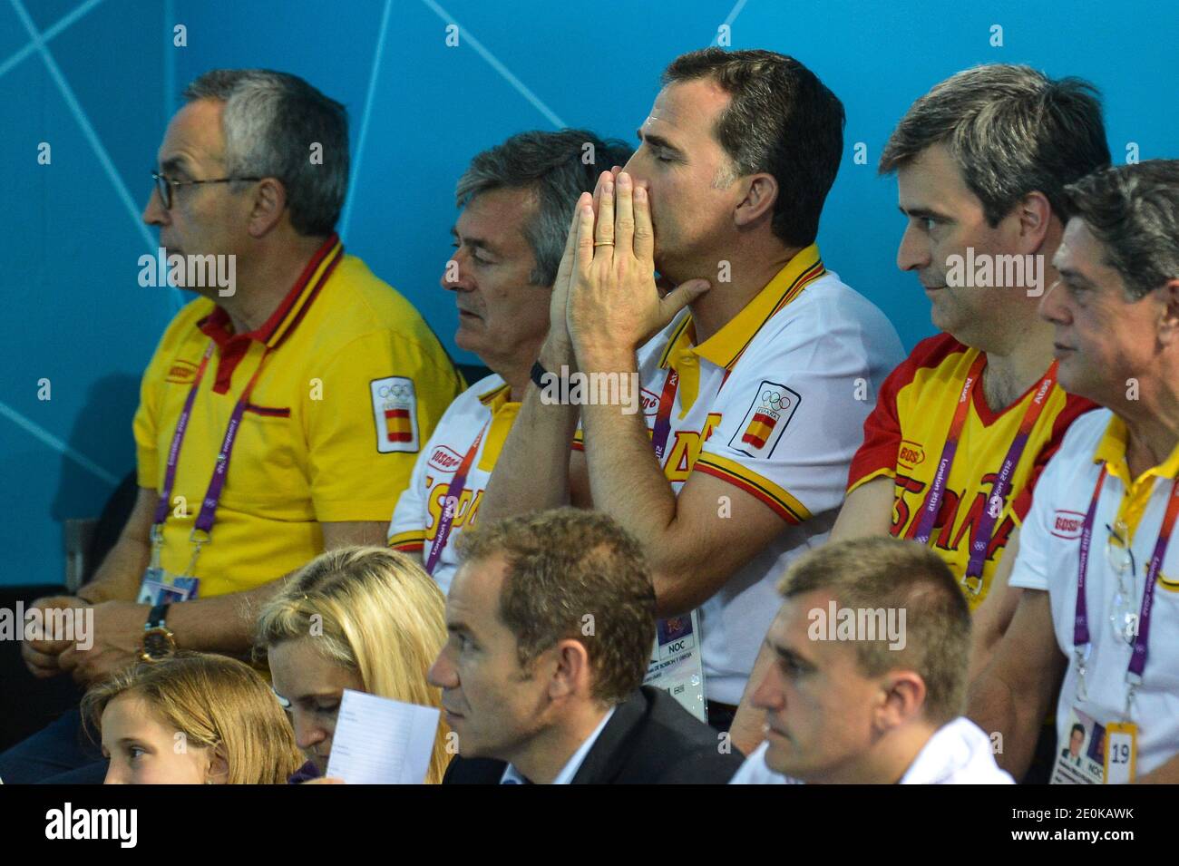 Prinz Felipe von Spanien nimmt am 13. Tag der Olympischen Spiele in London 2012 in der Wasserpoloarena am 9. August an der Wasserpolospielfinale Spains gegen USA Teil. Foto von Gouhier-Guibbaud-JMP/ABACAPRESS.COM Stockfoto