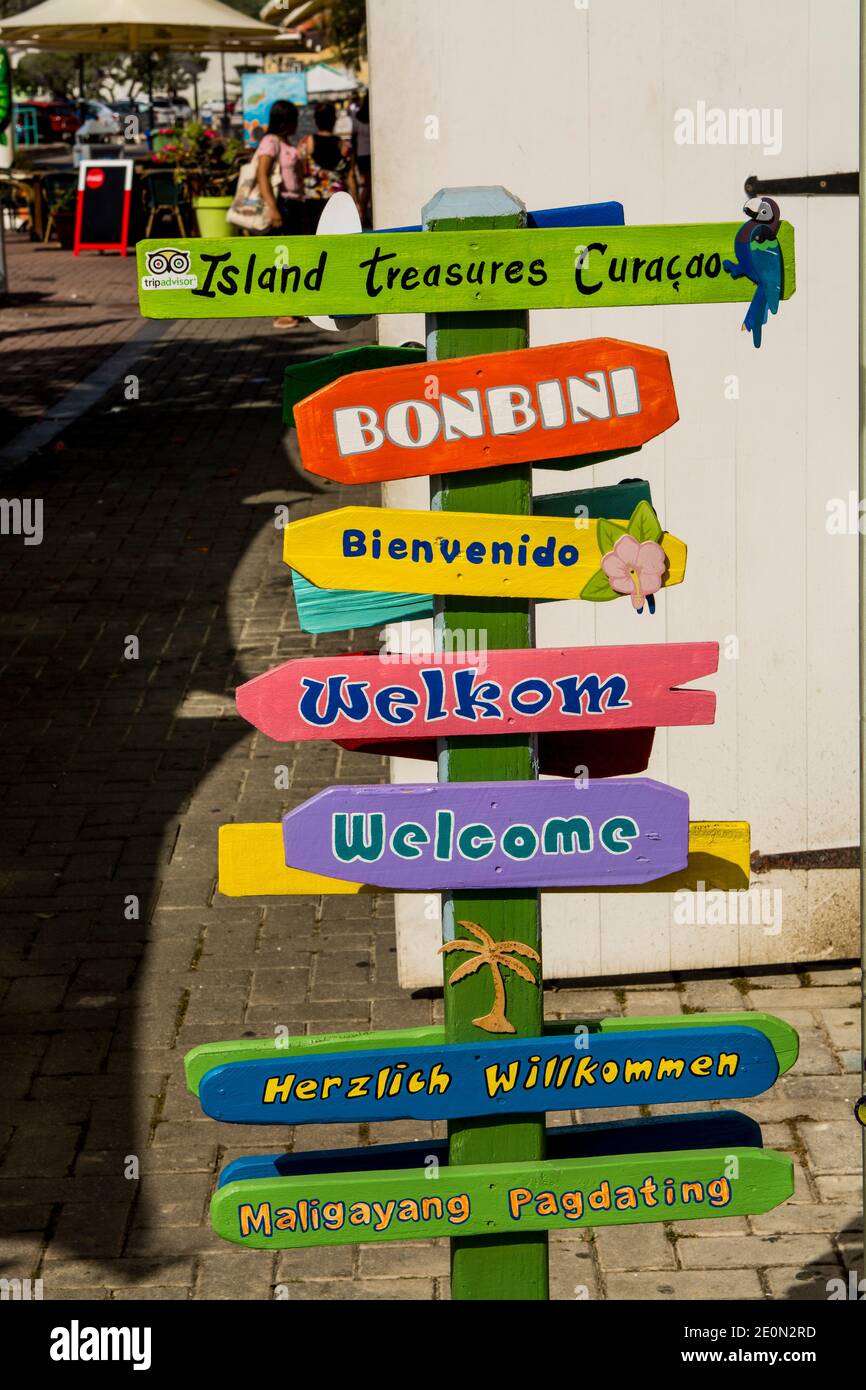 Wegweiser Willemstad, Curacao. Stockfoto