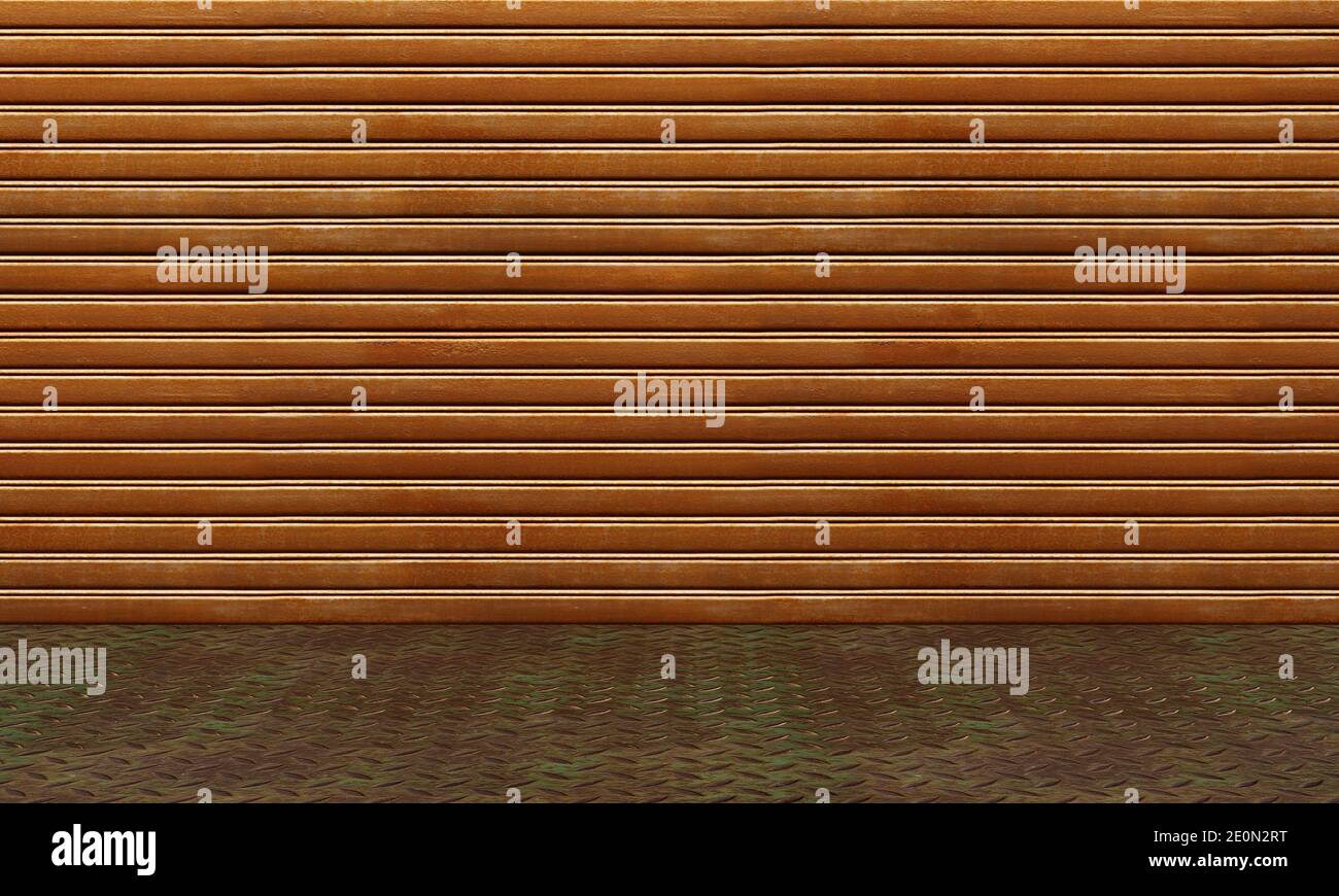 Rostige Blechplatte und Boden mit Schachbrettmuster. Leerer Innenraum verlassene Werksvorlage Design. Alte grungy Textur Hintergrund Stockfoto