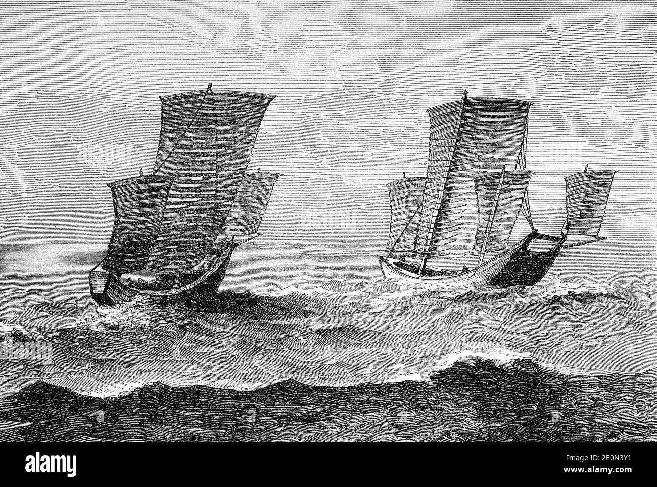 Gravur von chinesischen Piraten Dschunken auf der Suche nach anderen Schiffen zu rauben, um 1880 Stockfoto