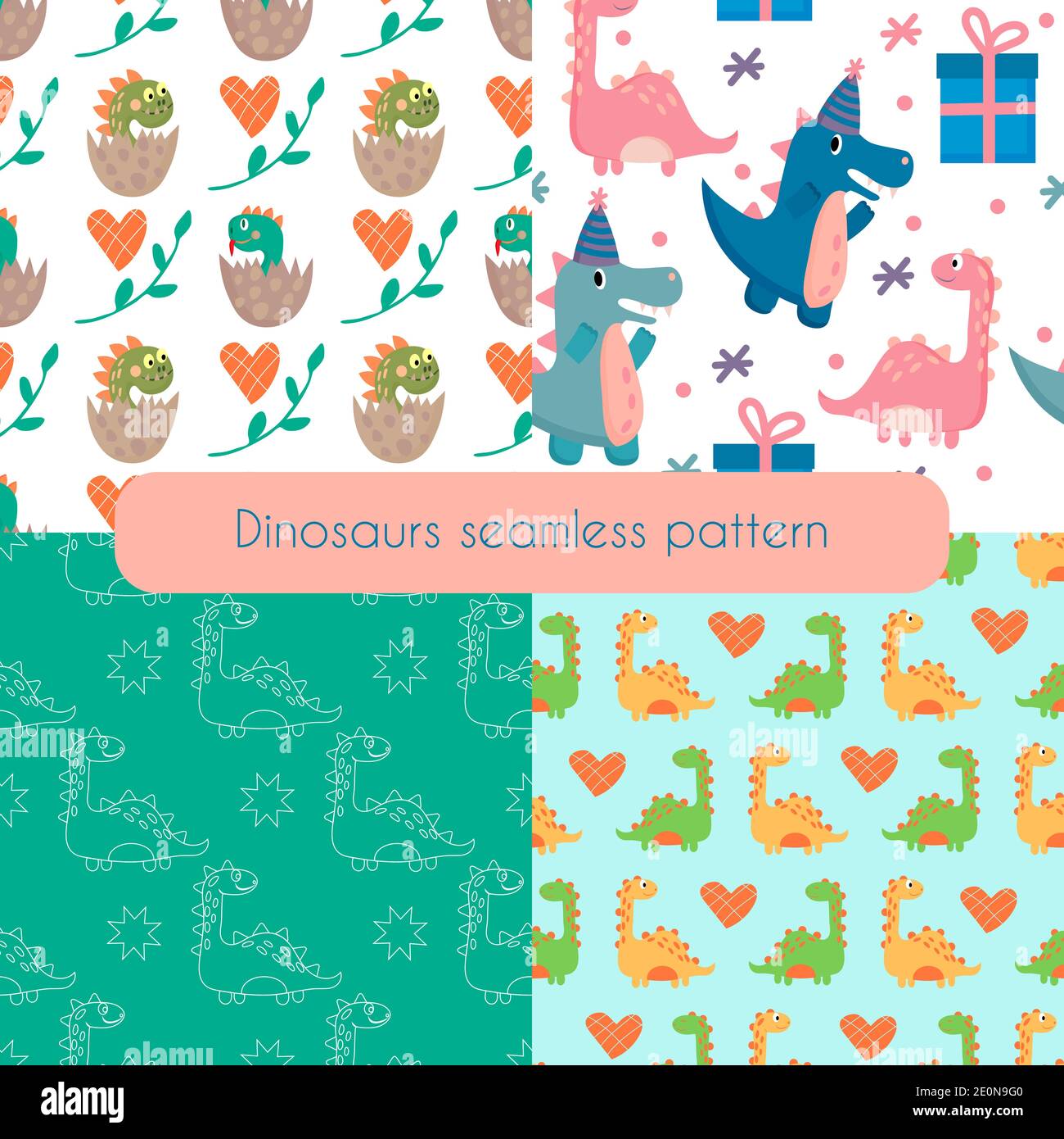 Set nahtlose Muster mit niedlichen Dinosaurier mit Herzen und Blättern auf weißem und farbigem Hintergrund. Vektorgrafik Cartoon-Illustration. Stock Vektor