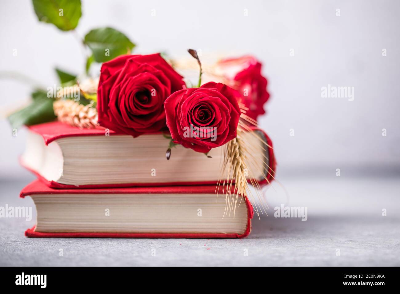 Rose und Buch, traditionelles Geschenk für Sant Jordi, den Saint Georges Day. Es ist Kataloniens Version des Valentinstag Stockfoto