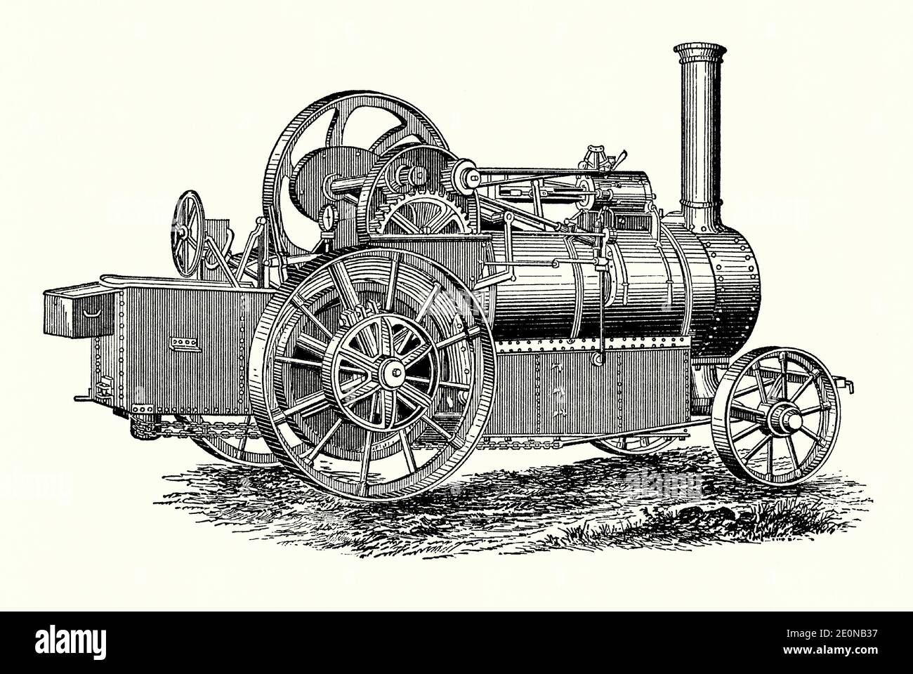 Ein alter Stich einer viktorianischen ‘Straßenlokomotive’ von Ransomes, Sims und Jefferies aus Ipswich, Suffolk, England, UK. Es ist aus einem Maschinenbaubuch der 1880er Jahre. Dieser „selbstfahrende Motor“ ‘seine leichte Version, da Straßenlokomotiven für den Schwertransport auf öffentlichen Straßen konzipiert wurden. Sie waren in der Regel größer als der normale Fahrmotor und waren mit drei-Gang-Getriebe ausgestattet. Sie wurden auch an Vorder- und Hinterachse gefedert. Unter dem Kessel wurde ein zusätzlicher Wassertank installiert, so dass größere Entfernungen zurückgelegt werden konnten. Sie konnten Lasten von bis zu 120 Tonnen ziehen. Stockfoto