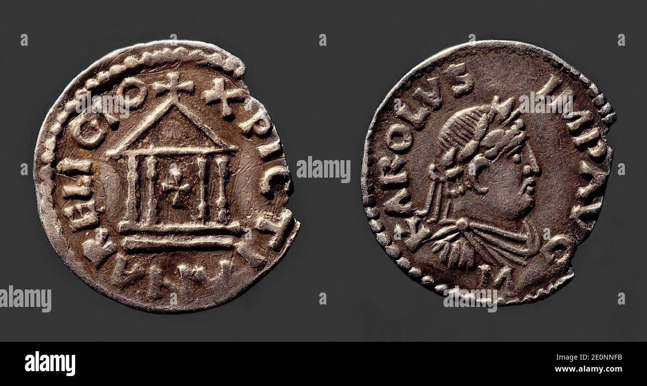 Silberdenarius, c. 812-814, Kaiser Karl der große (742-814) (Münze vorne  und hinten Stockfotografie - Alamy