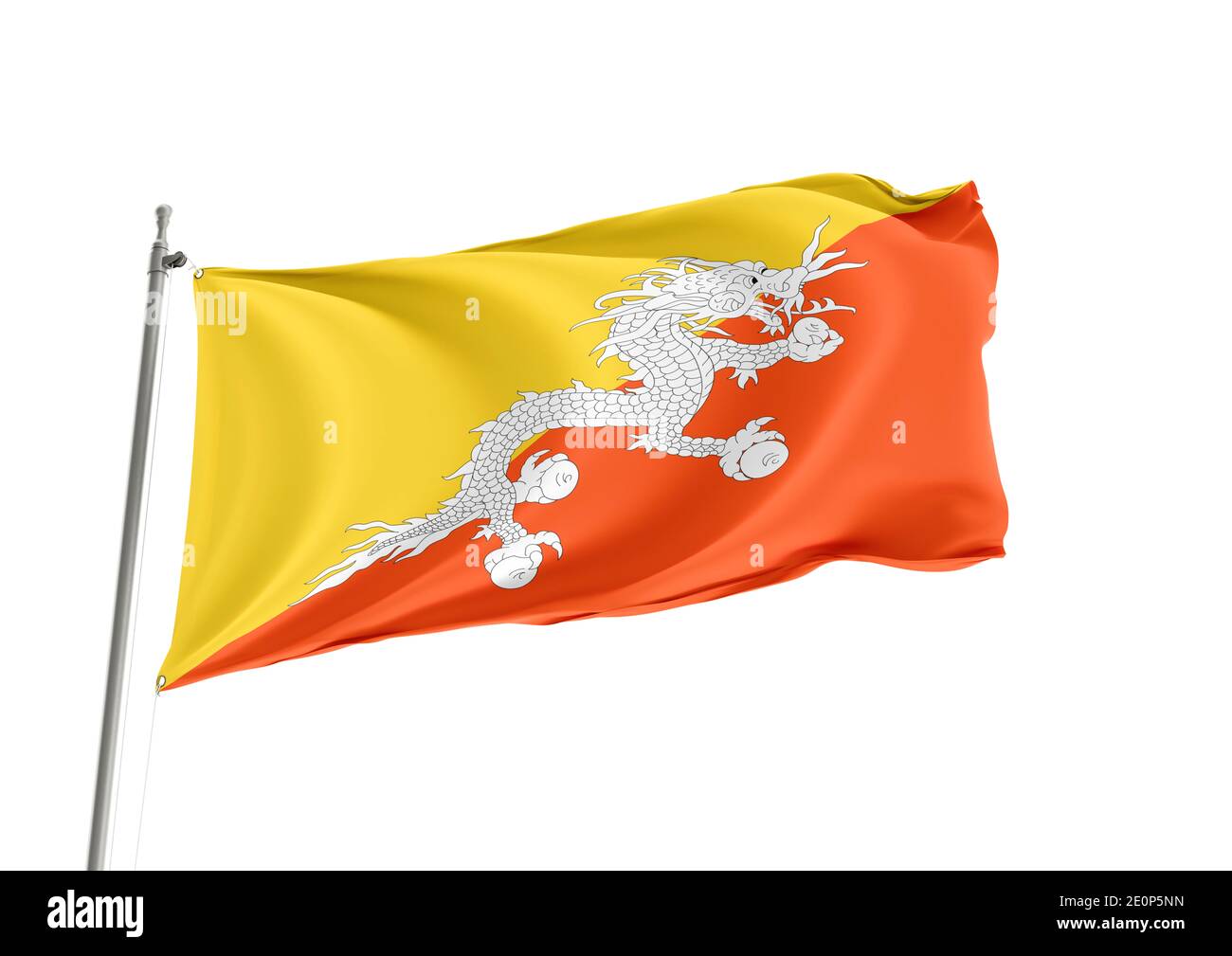 Butan Nationalflagge auf weißem Hintergrund Stockfoto
