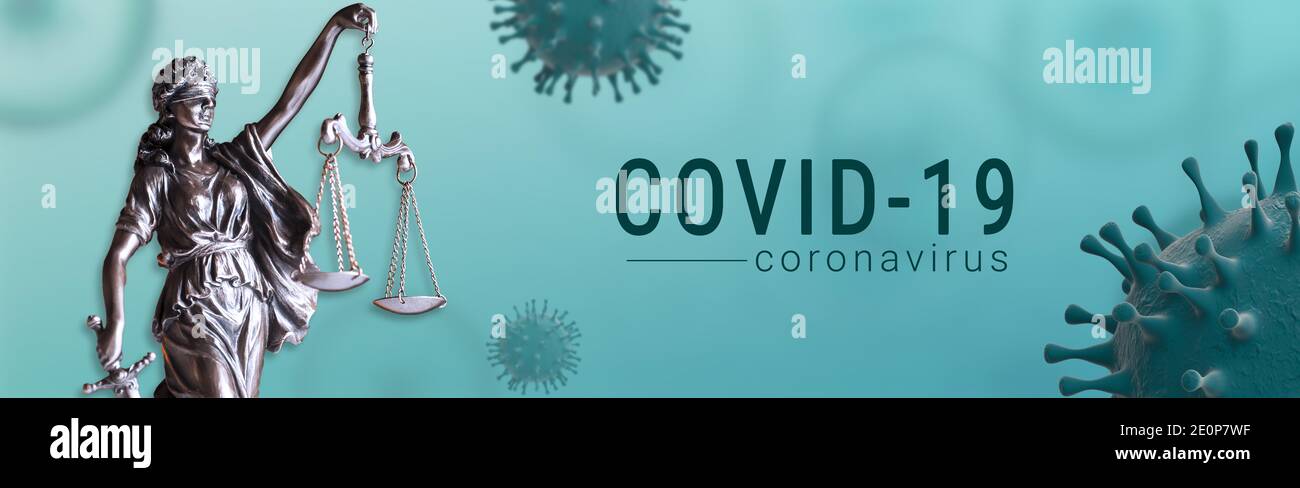 Coronavirus covid-19 und Statue of Justice - Justice Banner Gesetz Konzept Stockfoto