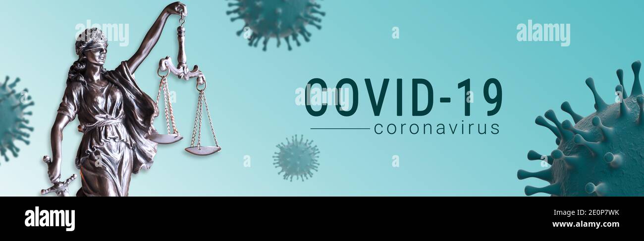 Coronavirus covid-19 und Statue of Justice - Justice Banner Gesetz Konzept Stockfoto