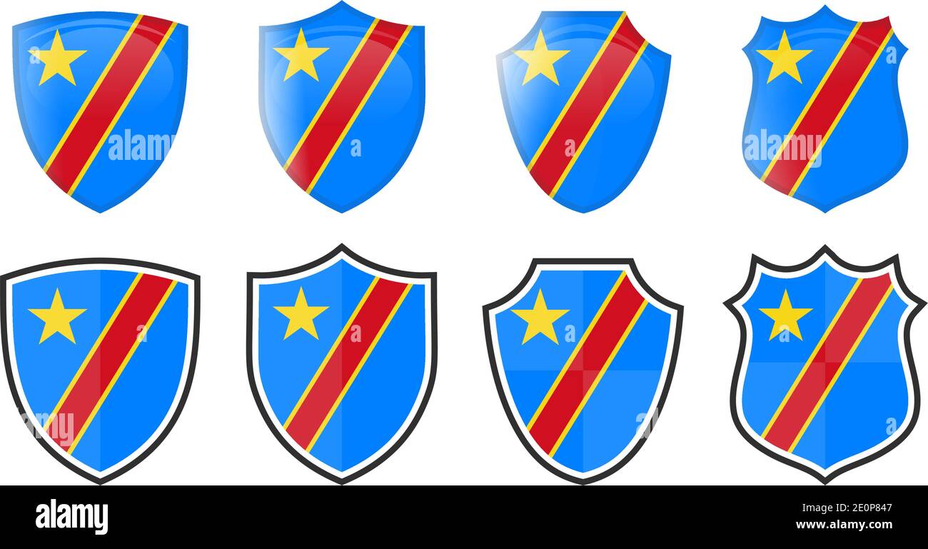 Vertikale Flagge der Demokratischen Republik Kongo in Schildform, vier 3d und einfache Versionen. Stock Vektor