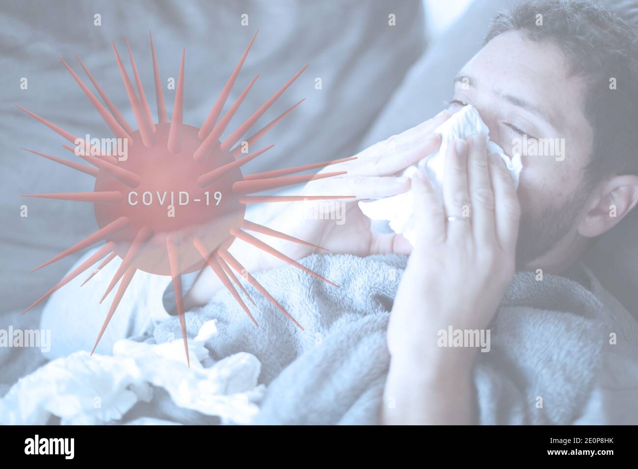 Mann mit Coronavirus Covid-19 wird zu Hause eingesperrt Stockfoto