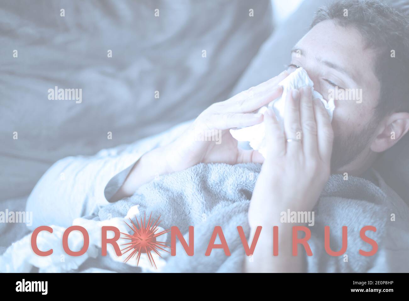Mann mit Coronavirus Covid-19 wird zu Hause eingesperrt Stockfoto