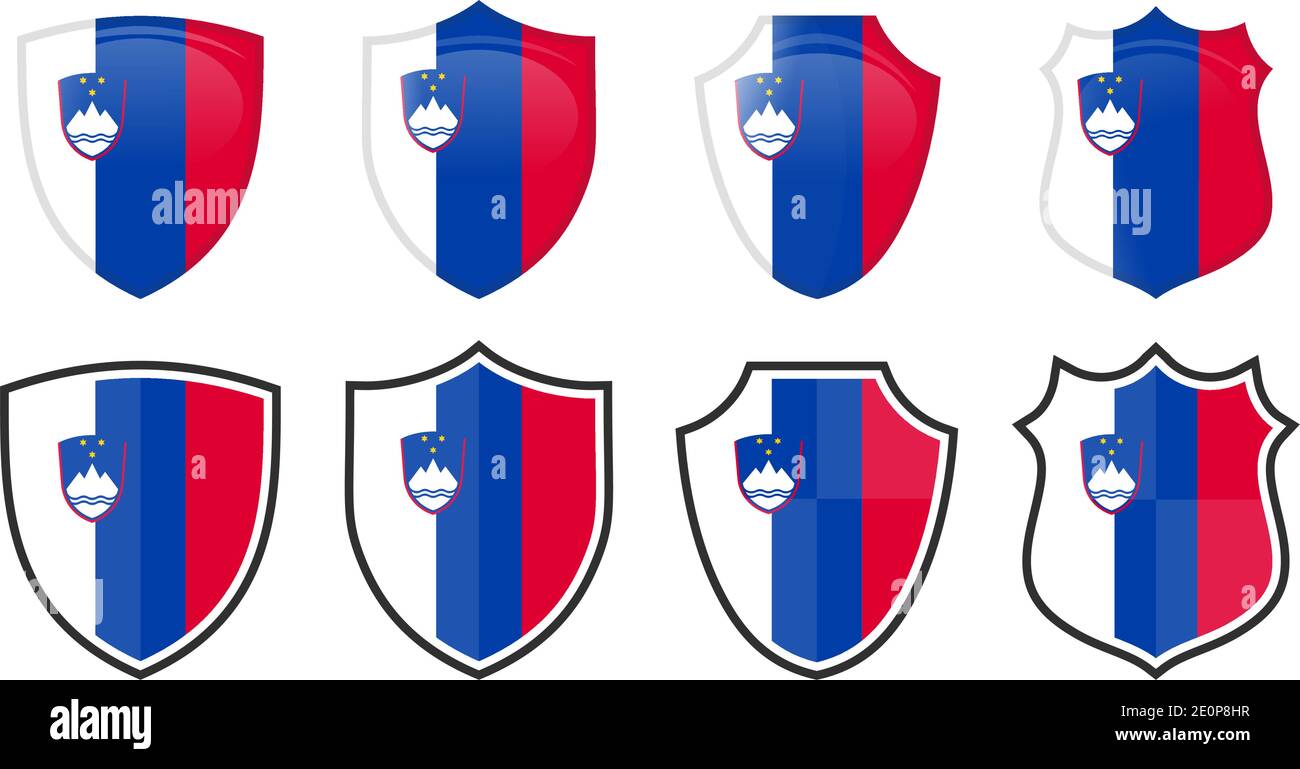 Vertikale Slovenia Flagge in Schildform, vier 3d und einfache Versionen. Slowenisches Symbol / Zeichen Stock Vektor