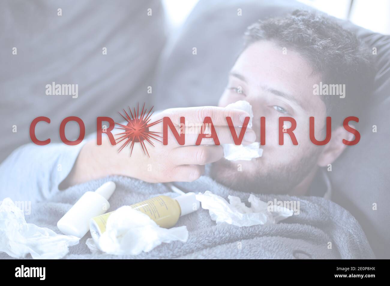 Mann mit Coronavirus Covid-19 wird zu Hause eingesperrt Stockfoto