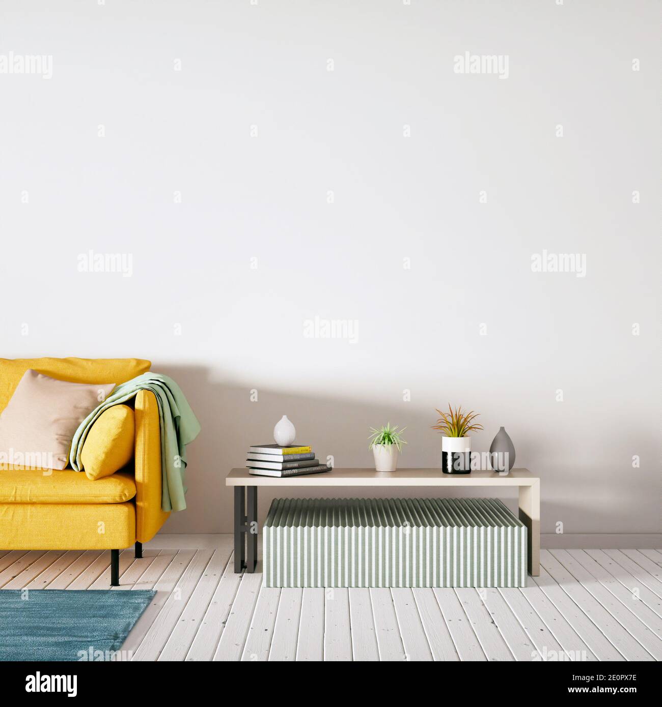 Zimmer mit Holzboden und modernem gemütlichen Sofa 3D-Rendering. Frontansicht und leere Wände können als Rahmen, Druck, Dekor Mockup verwendet werden. Stockfoto