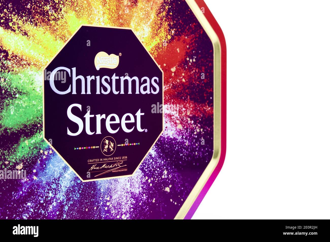 Christmas Street personalisierte Qualität Street Zinn auf weißem Hintergrund Stockfoto