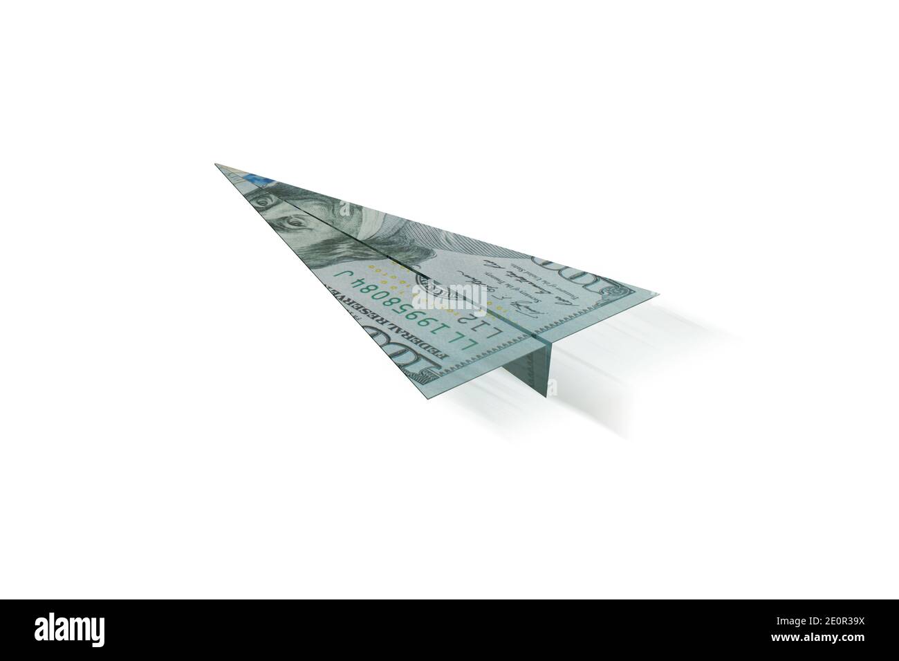 Einhundert Dollar Flugzeug fliegen isoliert auf weißem Hintergrund. 3d-Illustration. Stockfoto