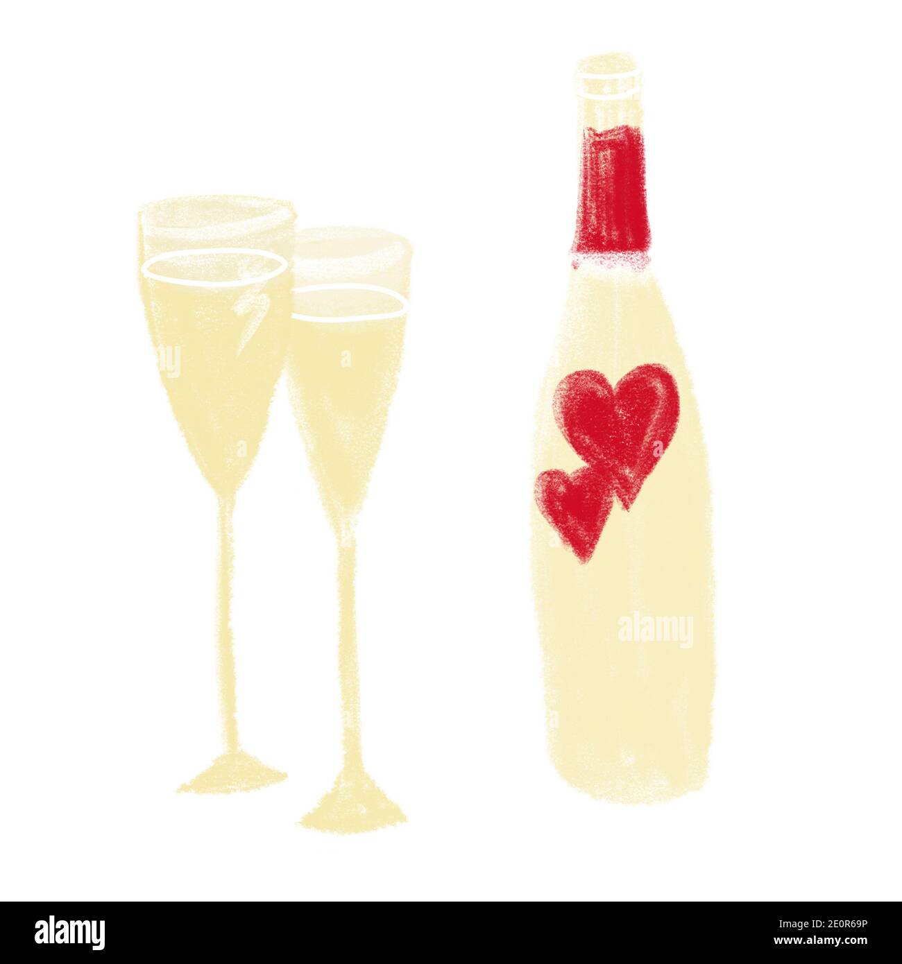 Illustration Champagner und Gläser isoliert auf weiß Stockfoto