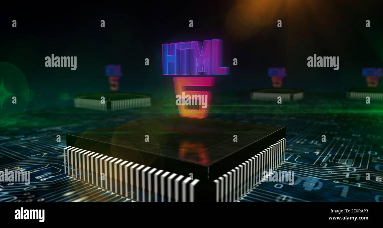 HTML5 Entwicklung Symbol, Web-Programmiersprache Symbol, Internet-Technologie und www Netzwerk-Coding-Konzept. 3d-Rendering-Illustration. Stockfoto