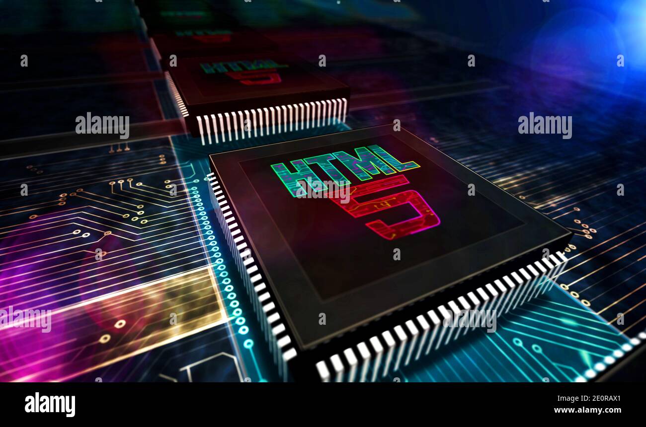 HTML5 Entwicklung Symbol, Web-Programmiersprache Symbol, Internet-Technologie und www Netzwerk-Coding-Konzept. 3d-Rendering-Illustration. Stockfoto