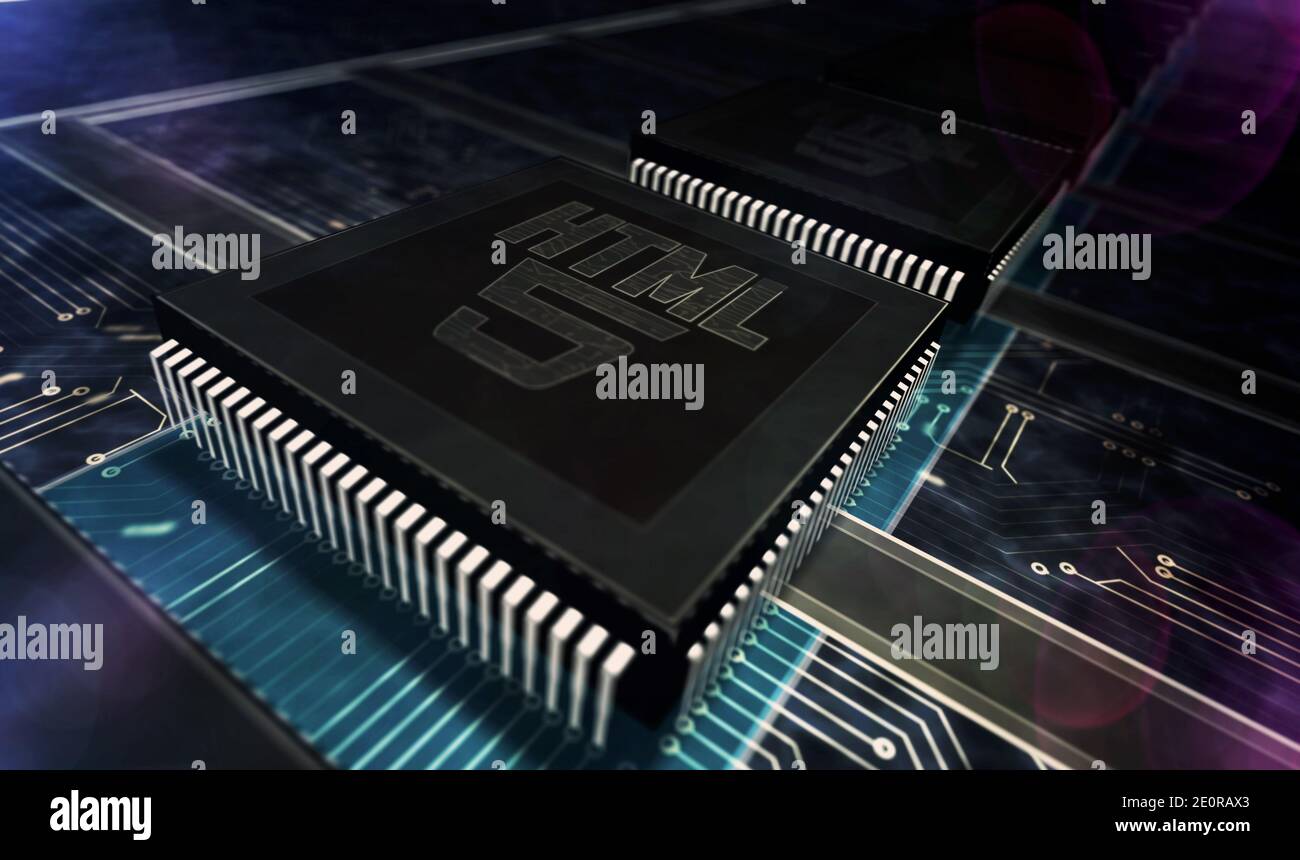 HTML5 Entwicklung Symbol, Web-Programmiersprache Symbol, Internet-Technologie und www Netzwerk-Coding-Konzept. 3d-Rendering-Illustration. Stockfoto