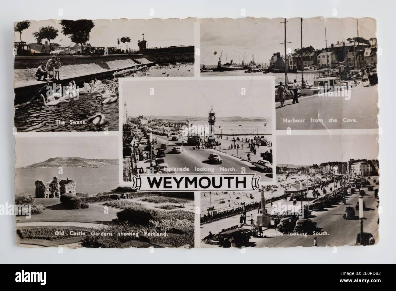 Alte Postkarte mit Szenen aus der Umgebung von Weymouth, veröffentlicht in 1963. Schwarz und Weiß. Dorset Stockfoto