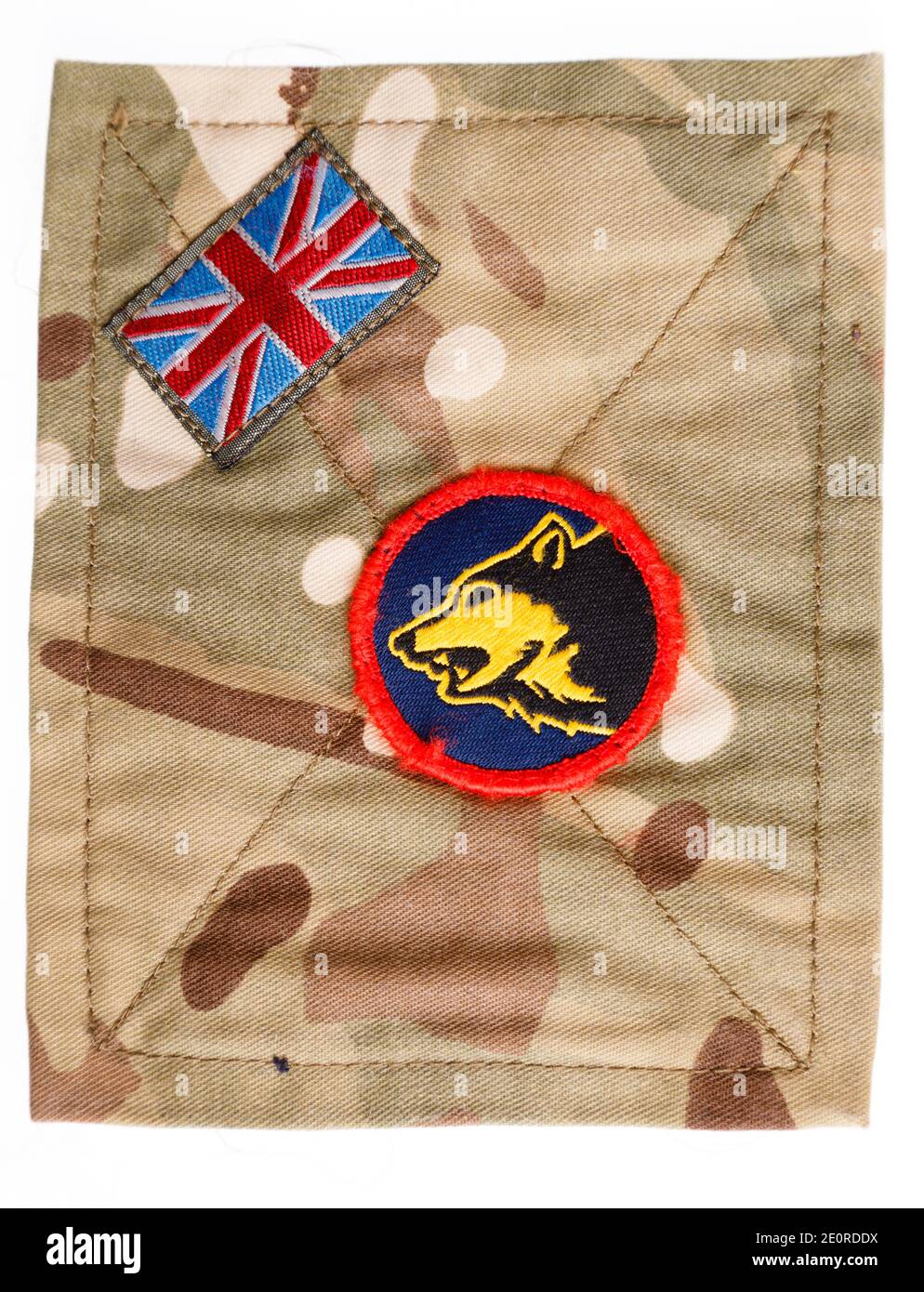 104th Logistic Support Brigade Wolf Kopfarm Patch auf MTP Patch mit Union Jack Flagge. Stockfoto