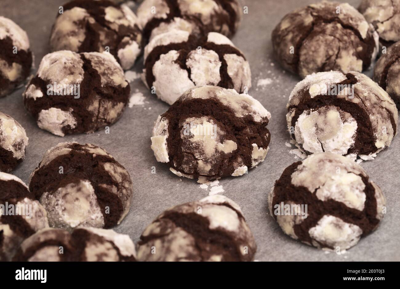 Winter festliches Backen - Schokoladenkekse mit Puderzucker auf Ein Backblech mit Pergament bedeckt Stockfoto