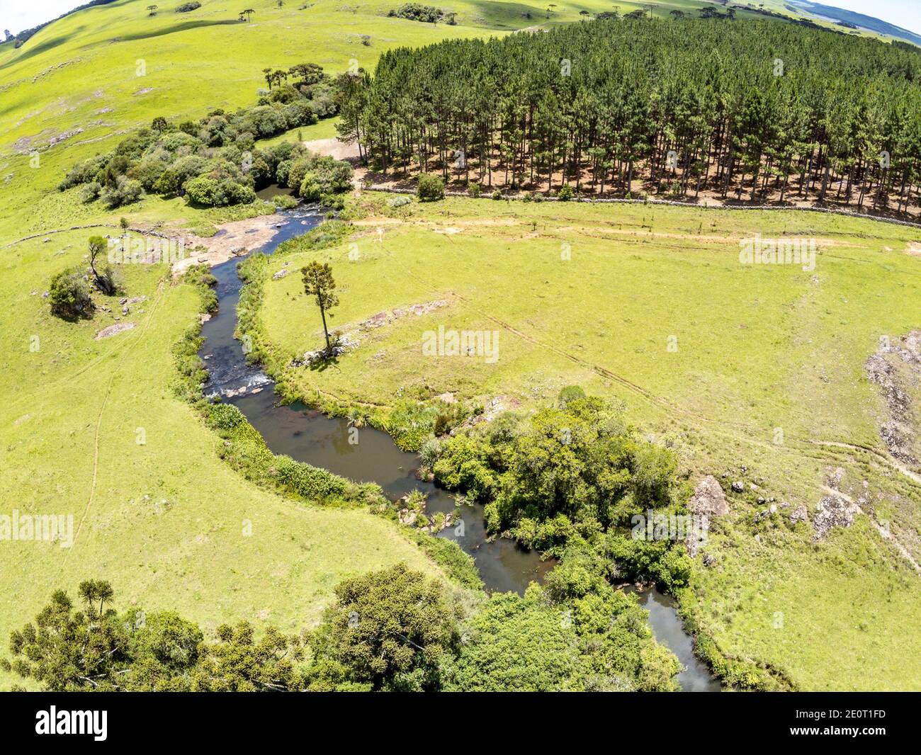 Luftaufnahme von Farm Field, Wald und Bach mit Wasserfall in Sao Francisco de Paula, Rio Grande do Sul, Brasilien Stockfoto