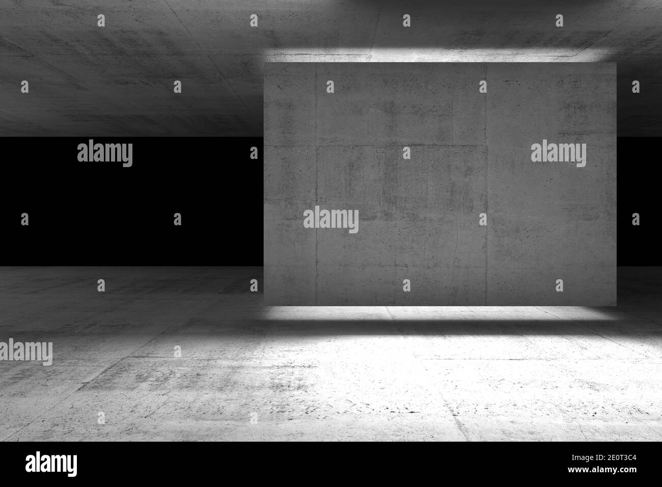 Abstrakter dunkler Beton-Innenhintergrund, Freiraum-Ausstellungshalle mit neon beleuchtetem Installationsständer, 3d-Rendering-Illustration Stockfoto