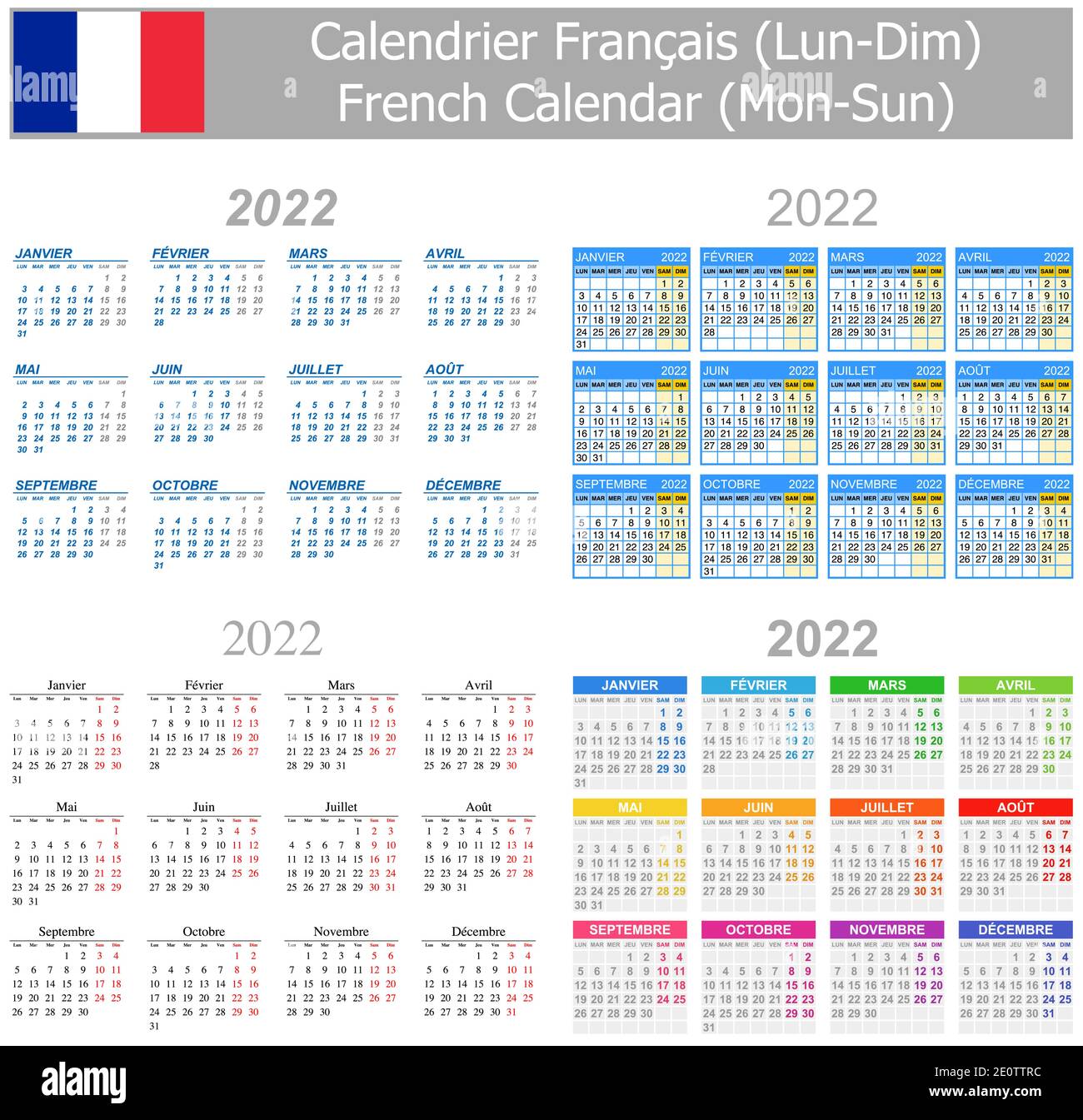 2022 French Mix Kalender Mo-so auf weißem Hintergrund Stock Vektor