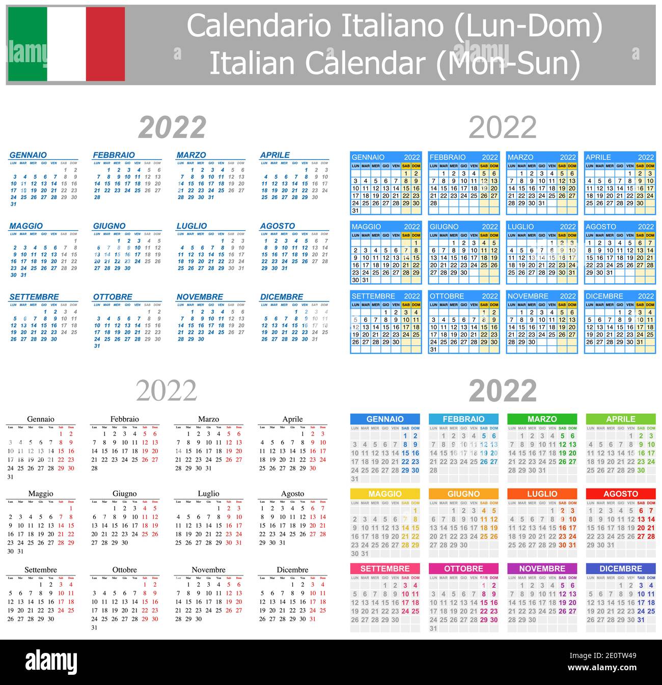 2022 Italienischer Mix Kalender Mo-so auf weißem Hintergrund Stock Vektor