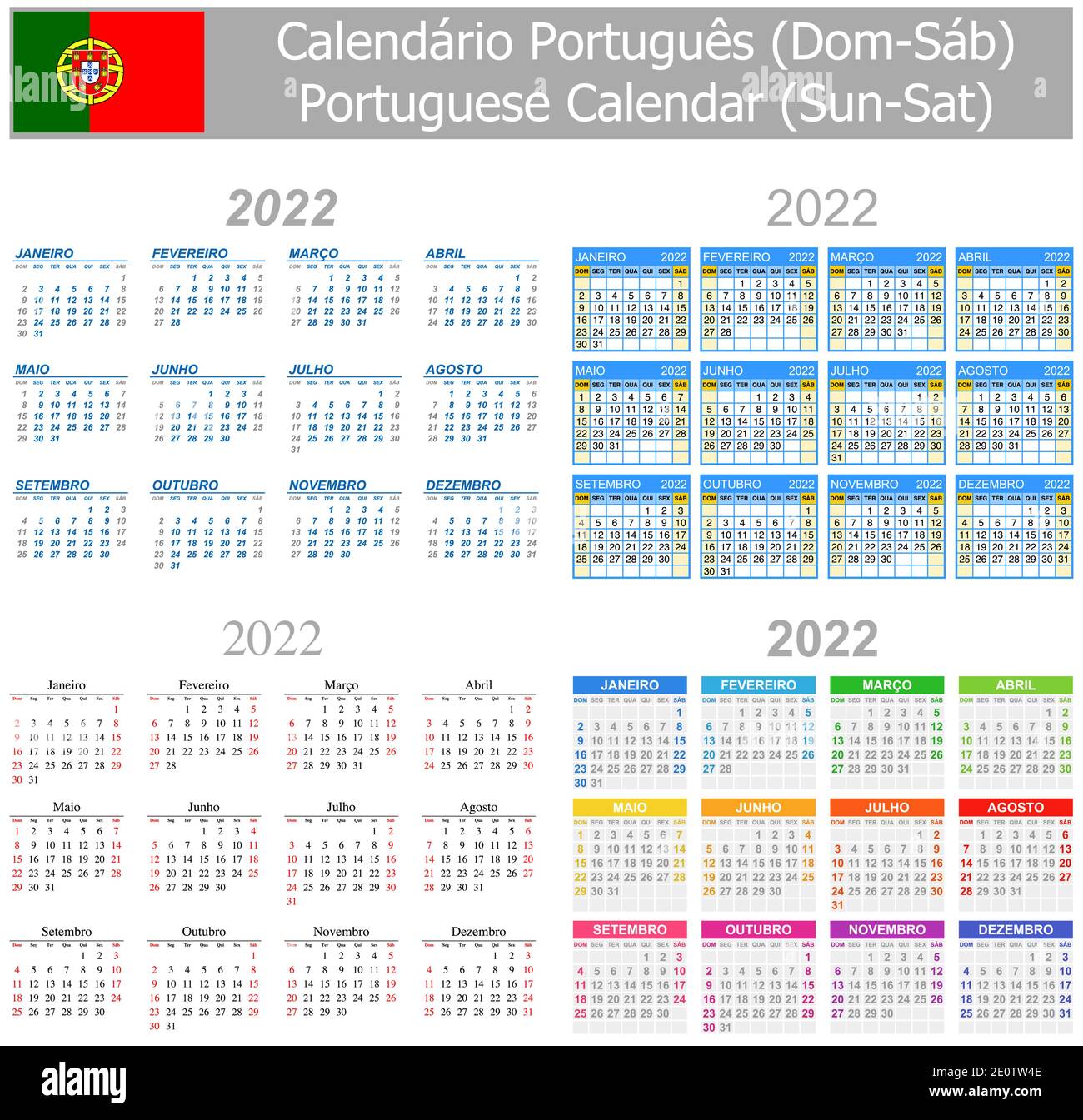2022 Portugiesischer Mix Kalender Sun-Sat auf weißem Hintergrund Stock Vektor