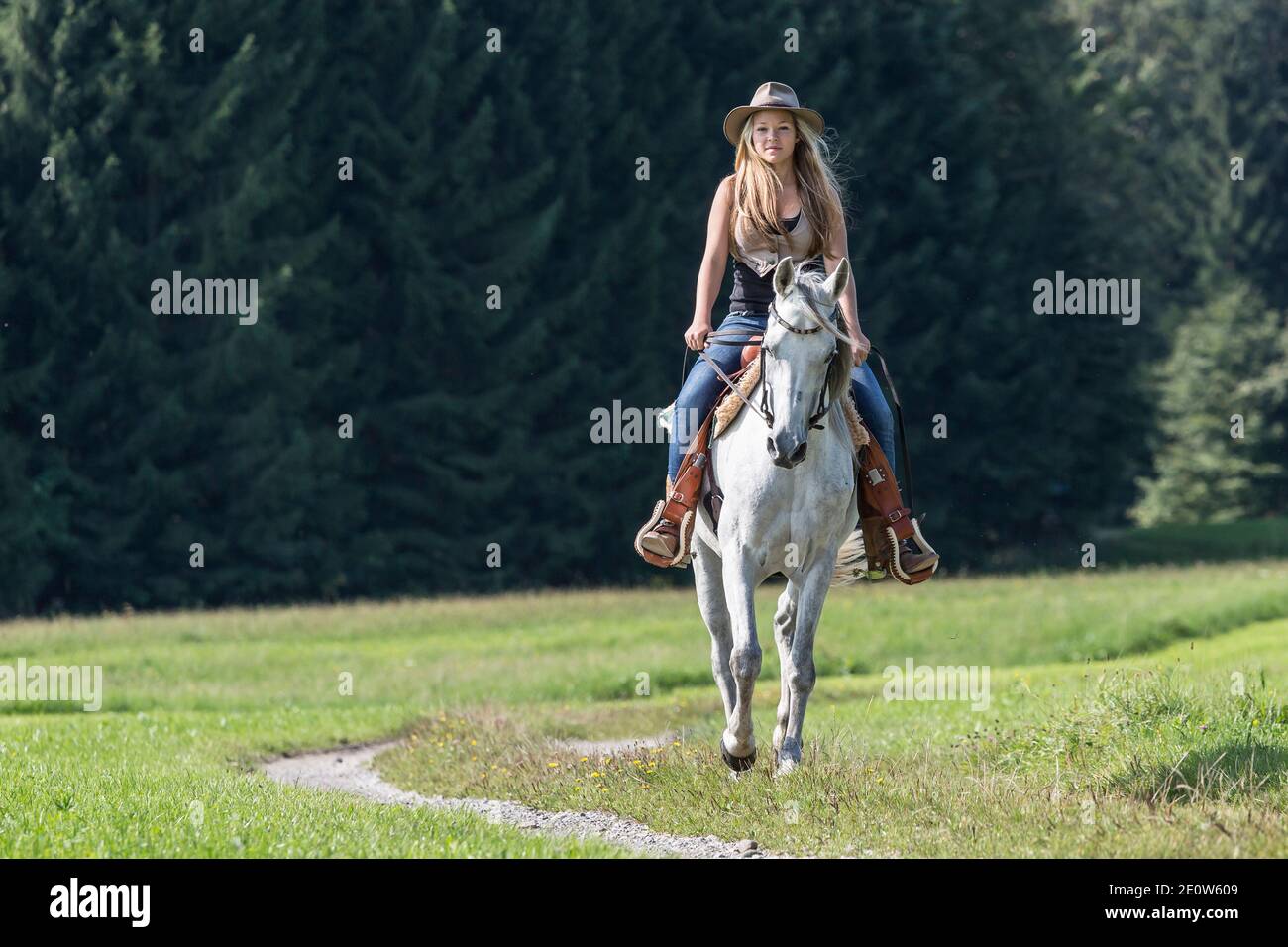 Junge Frau Mit Cowboy Hut Reiten Im Westlichen Stil Auf Ihre arabische Stute über EINE Wiese Stockfoto