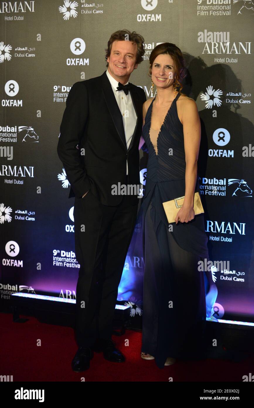 Der englische Schauspieler Colin Firth und seine Frau Livia nehmen am 14. Dezember 2012 an der Charity Gala "Oxfam - One Night to Change Lives" im Armani Hotel unter dem Burj Khalifa Teil. Foto von Ammar Abd Rabbo/ABACAPRESS.COM Stockfoto