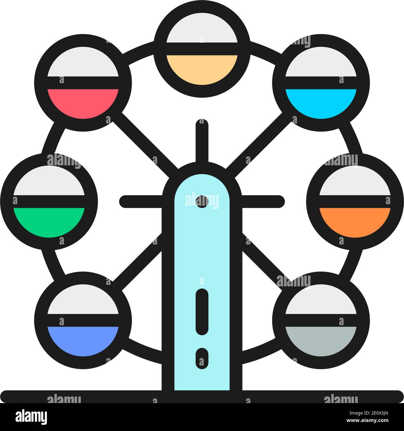 Vektor-Riesenrad, Kinder Attraktion flache Farbe Linie Symbol. Stock Vektor