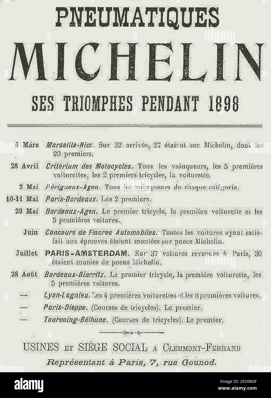 Les succès sportifs Michelin en 1898. Stockfoto