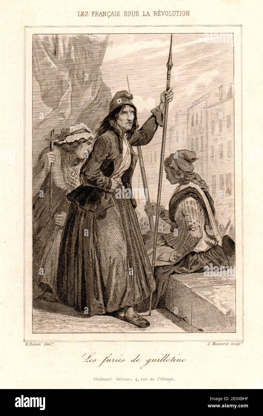 Les tricoteuses de la guillotine - Tiefdruck von Léopold Massard. Stockfoto