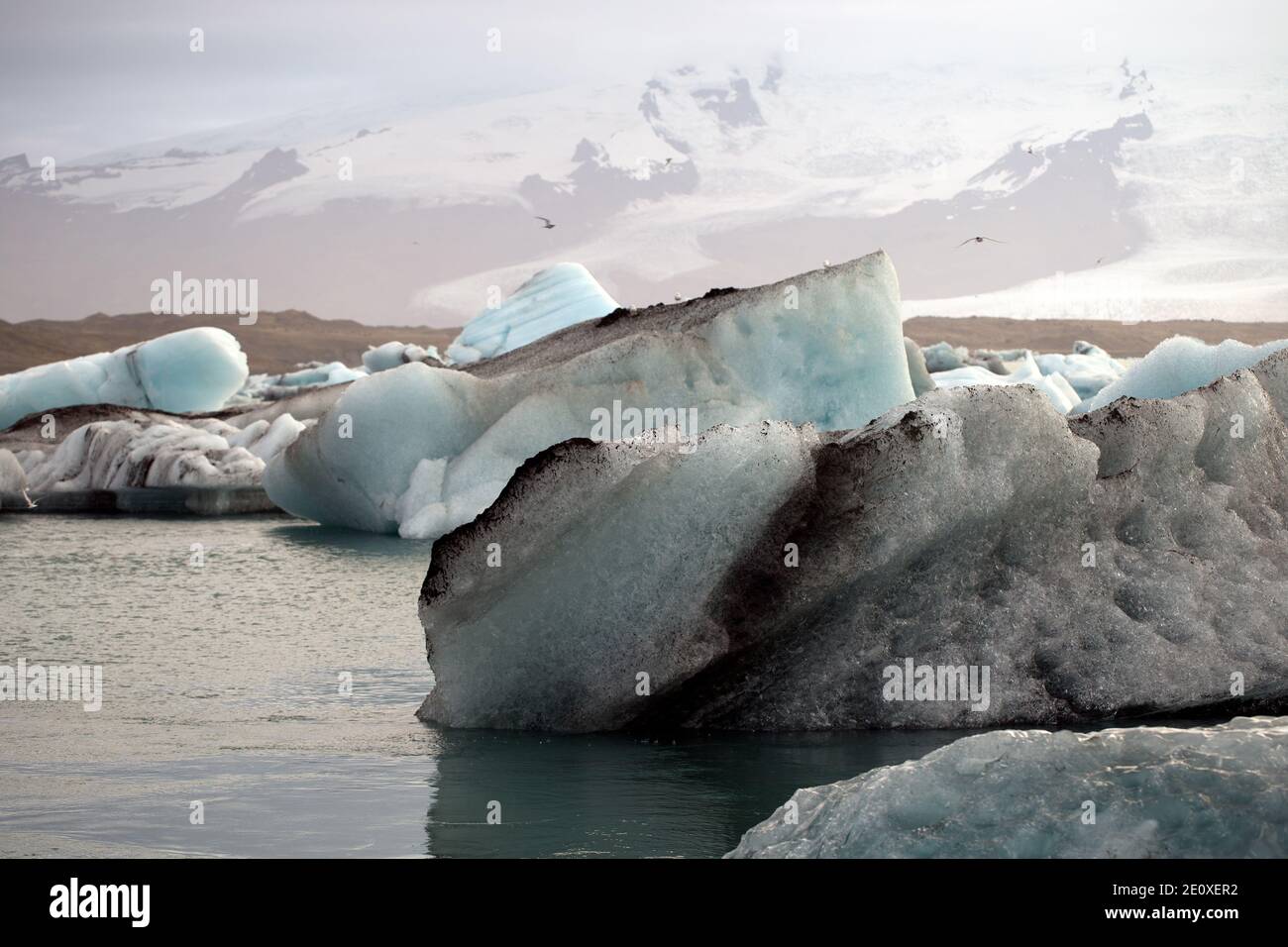 Schmutzige Eisschollen schwimmen in der Gletscherlagune Stockfoto