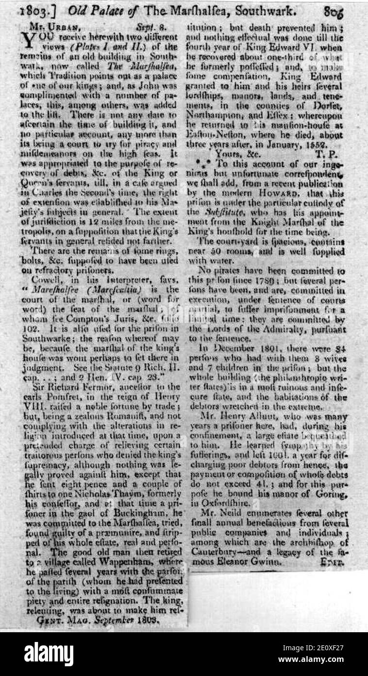 Brief an Gentleman's Magazine, 8. September 1803, über das Marshalsea. Stockfoto